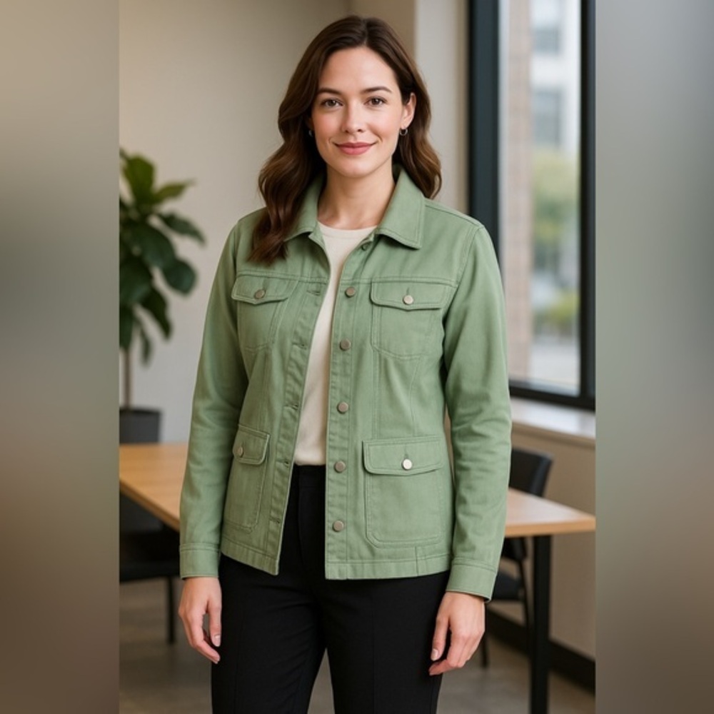 Y2K Villager Sage Green Denim-Inspired Jacket – Liz Claiborne Era EUC 18W #2459